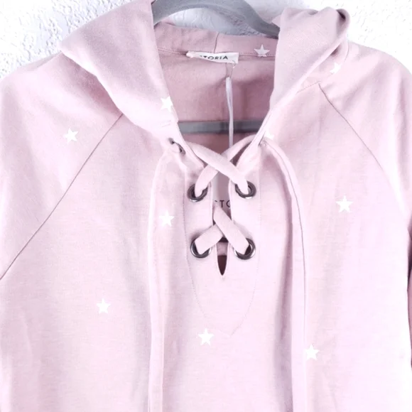 STORIA Stars Print Lace-Up Oversized Hoodie Mauve Pink Jacket - Picture 4 of 12